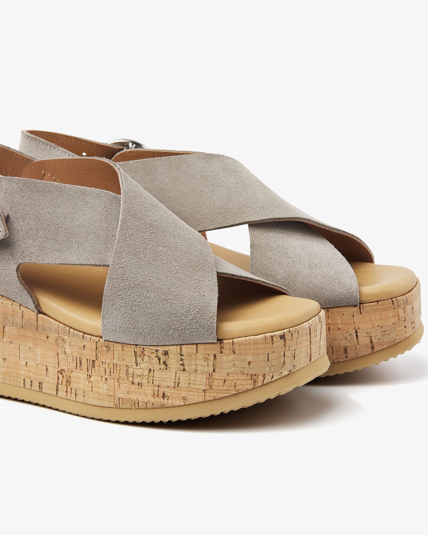 VIA VAI Sissel Raise grijze platform sandalen dames – detail van materiaalstructuur in leer en suède