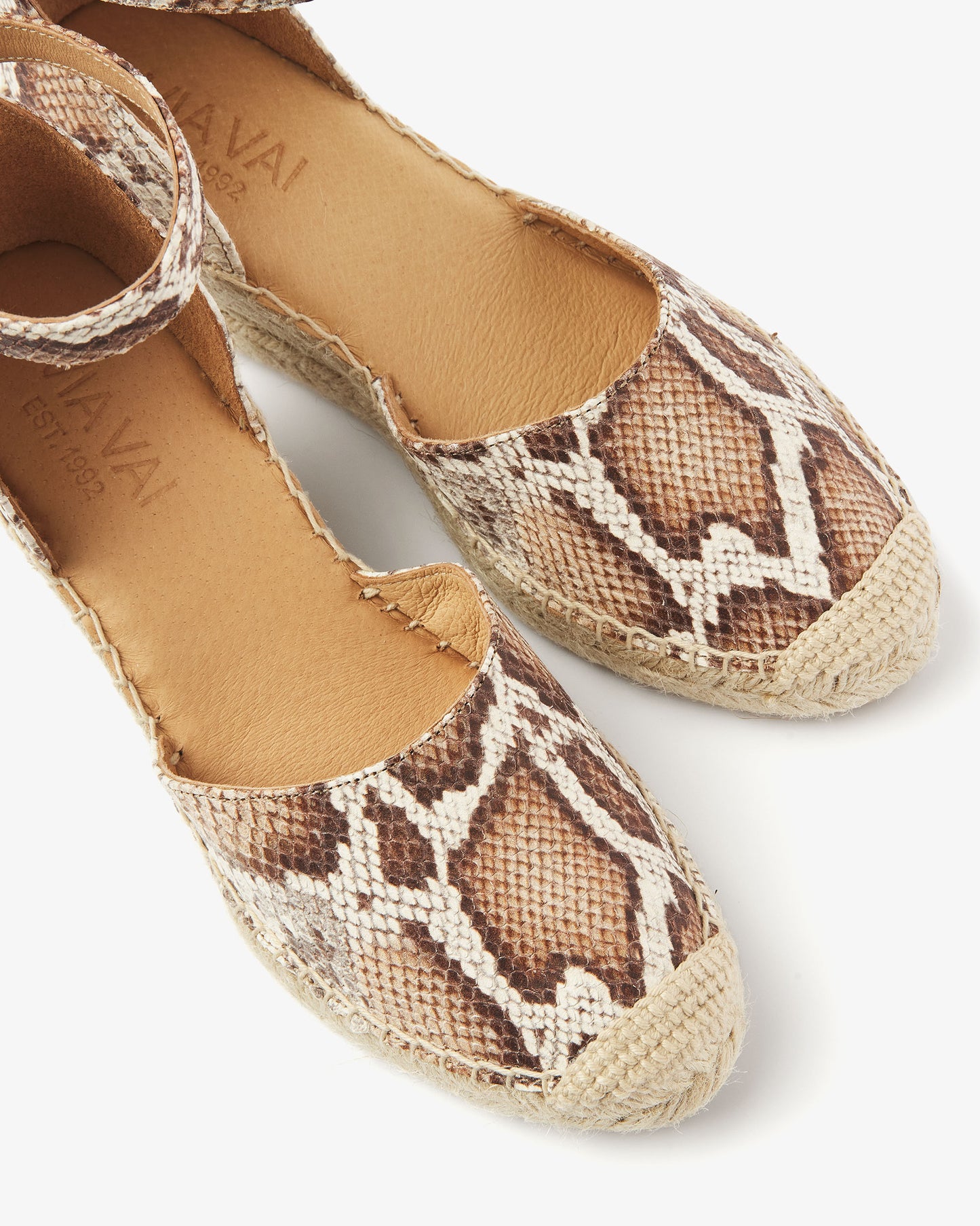 Leren slangenprint VIA VAI dames espadrilles Flora Braid, detailfoto.