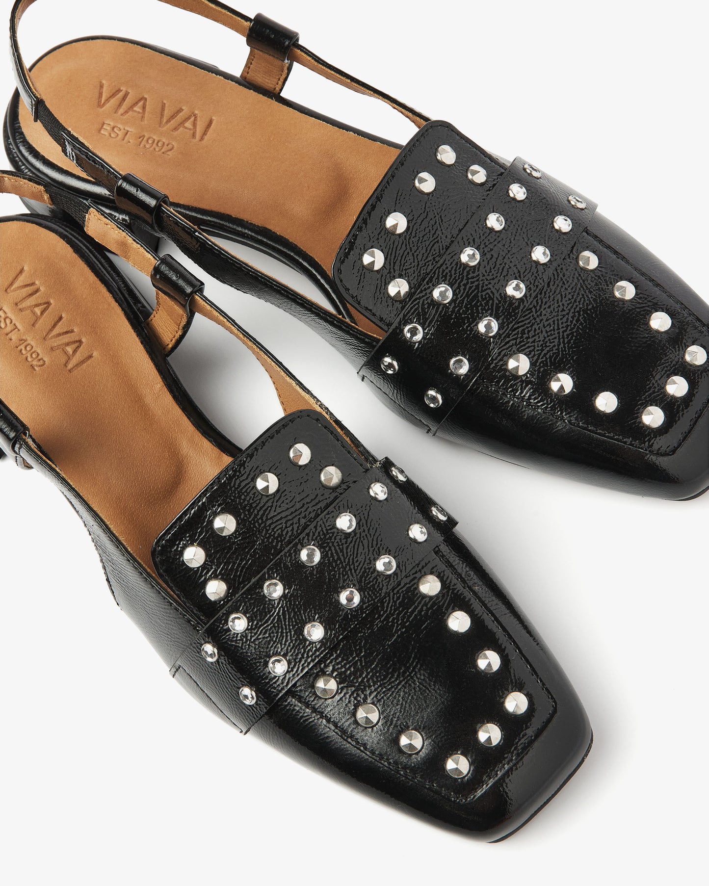 VIA VAI Julie Damian zwarte leren dames slingbacks, detailfoto.