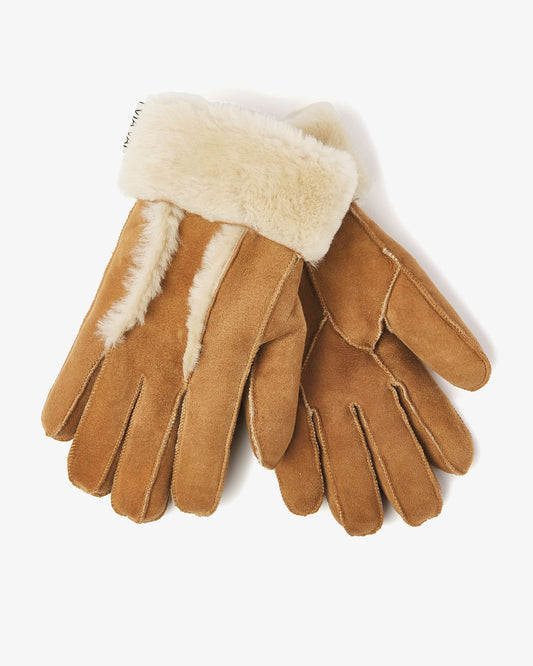 Pair of brown gloves with white fur lining on a white background