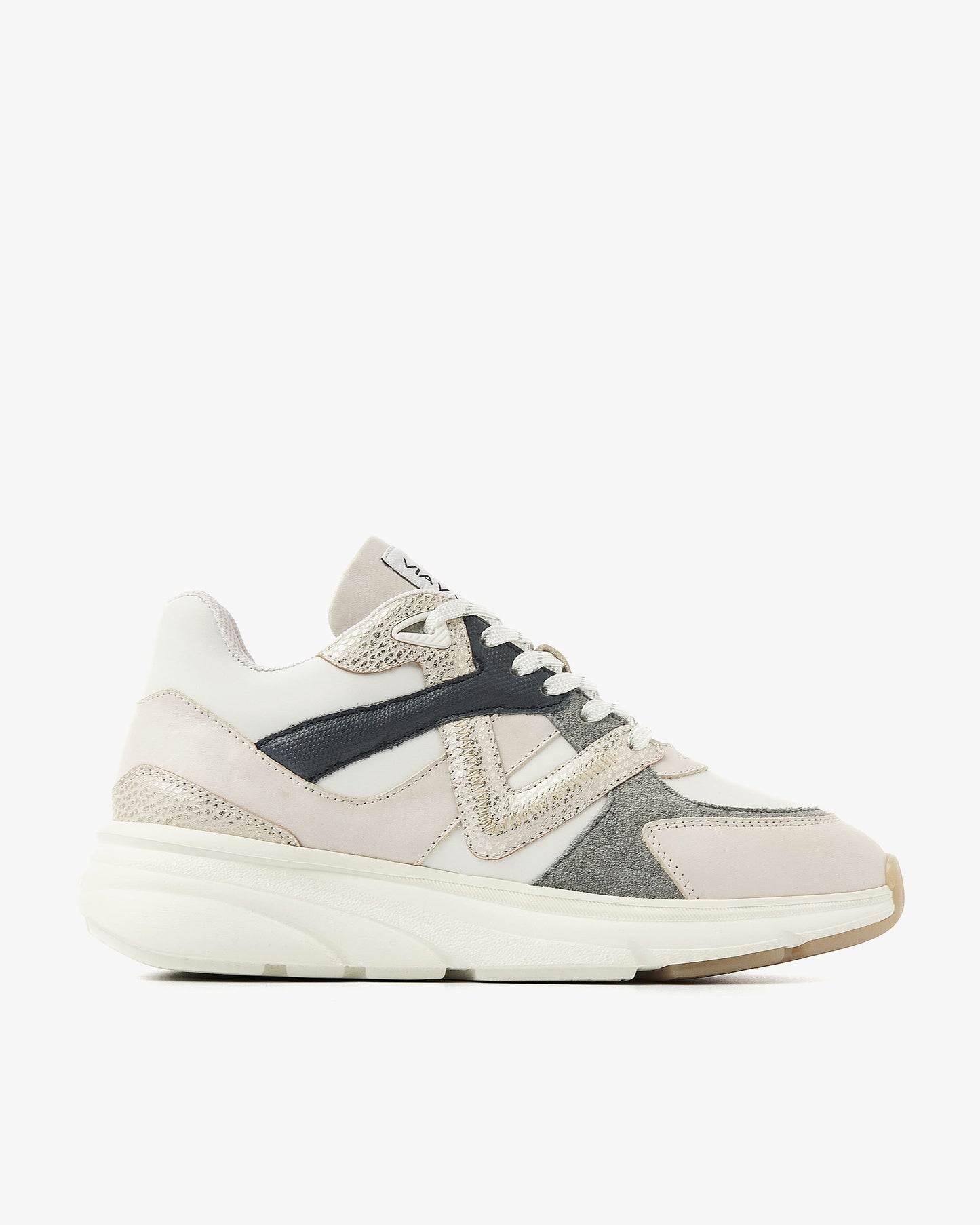 Leren VIA VAI dames sneaker beige, grijs en donkerblauw Vic Kyro, zijaanzicht.