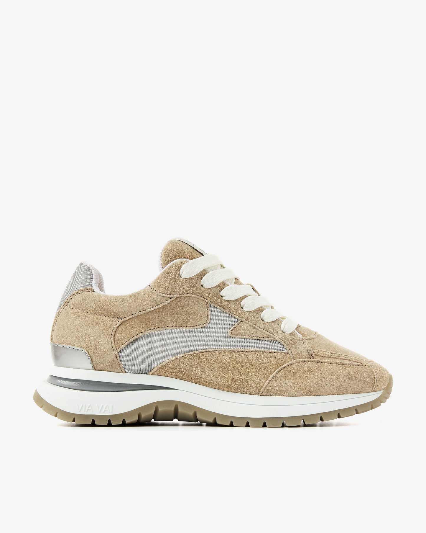 Beige suède VIA VAI dames sneaker Usher Riggs, zijaanzicht.