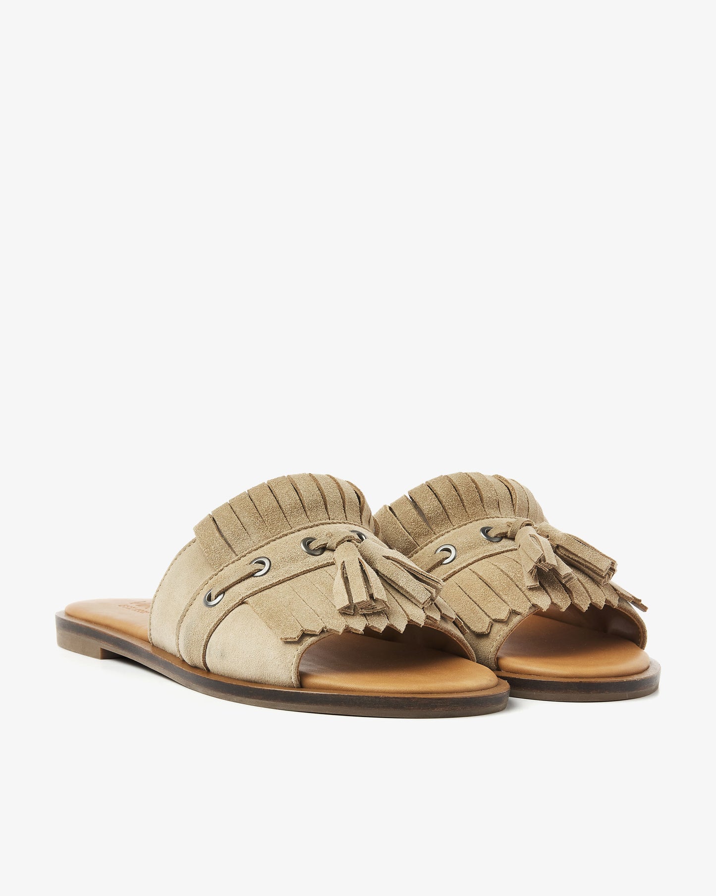 Vooraanzicht van beige suède VIA VAI dames slippers Vita Eva.