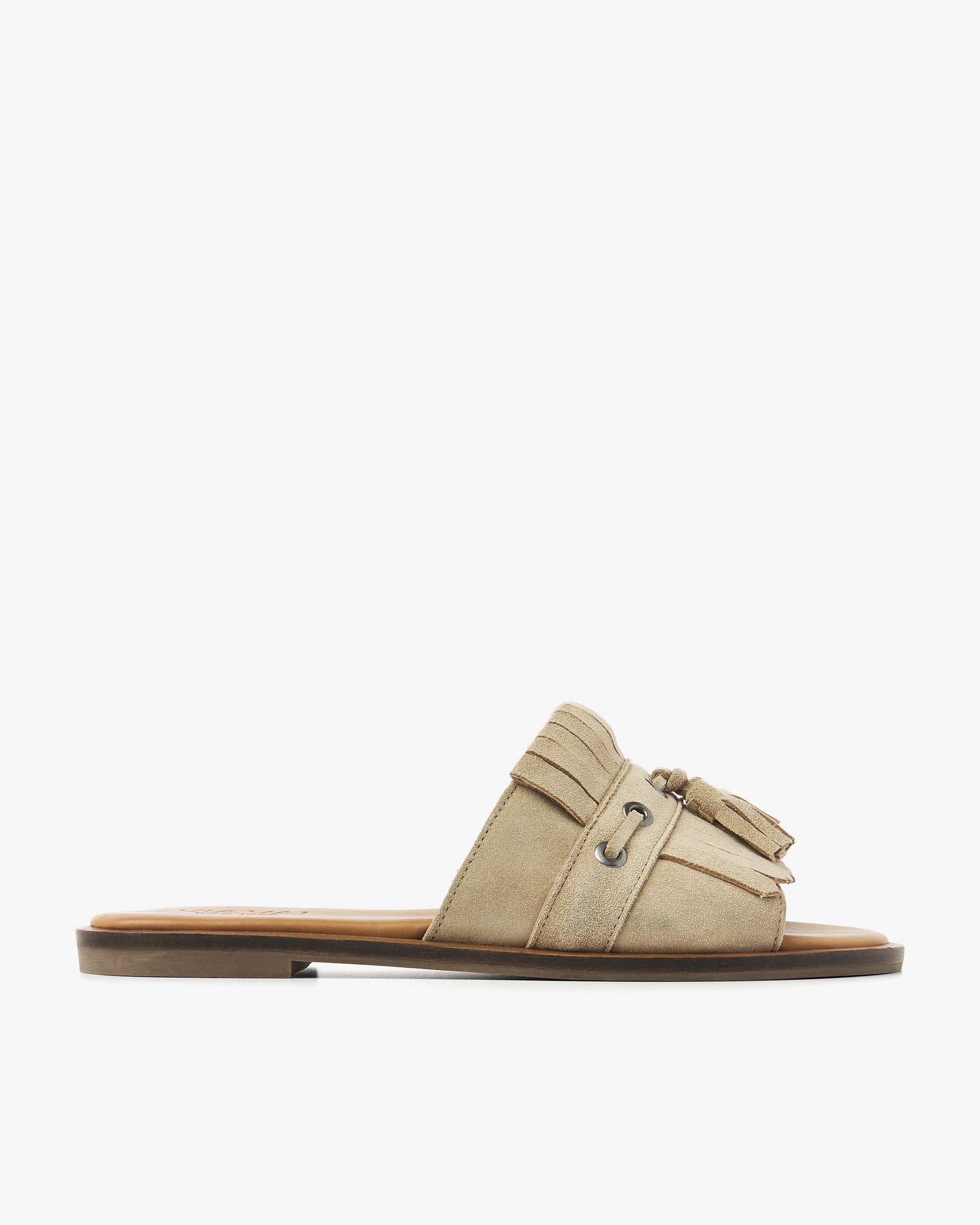Zijaanzicht van beige suède VIA VAI dames slippers Vita Eva.