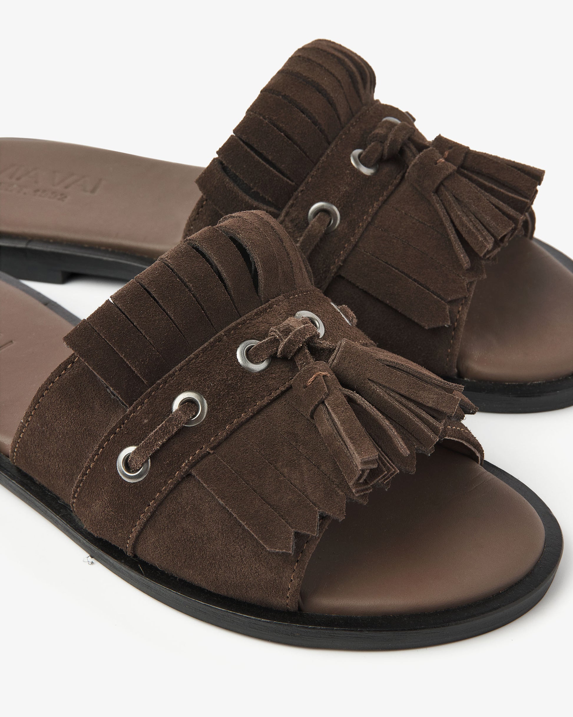 Bruine suède VIA VAI dames slippers Vita Eva, detailfoto.