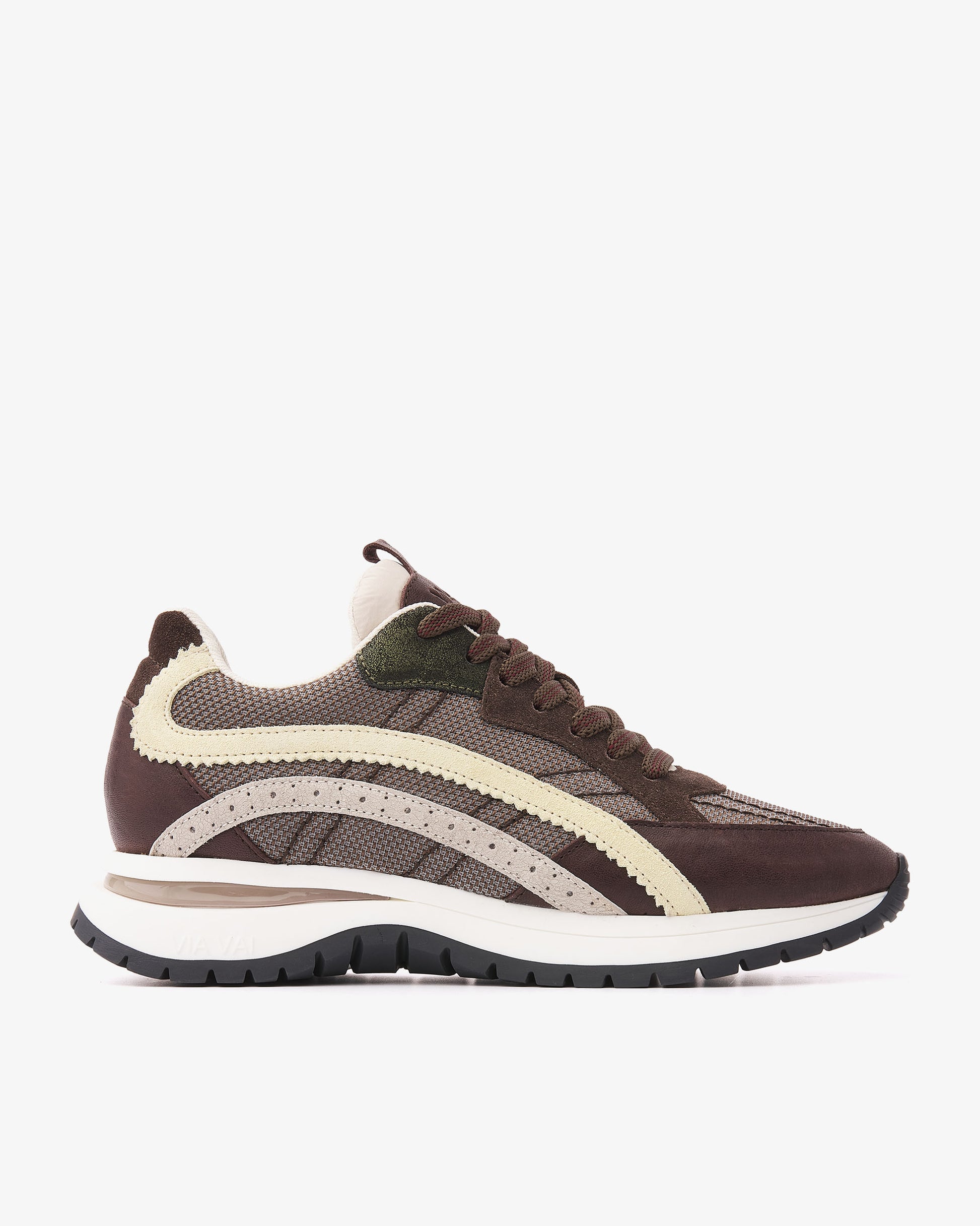 VIA VAI Usher Lott bruine sneakers dames – zijaanzicht met stiksels en vetersluiting