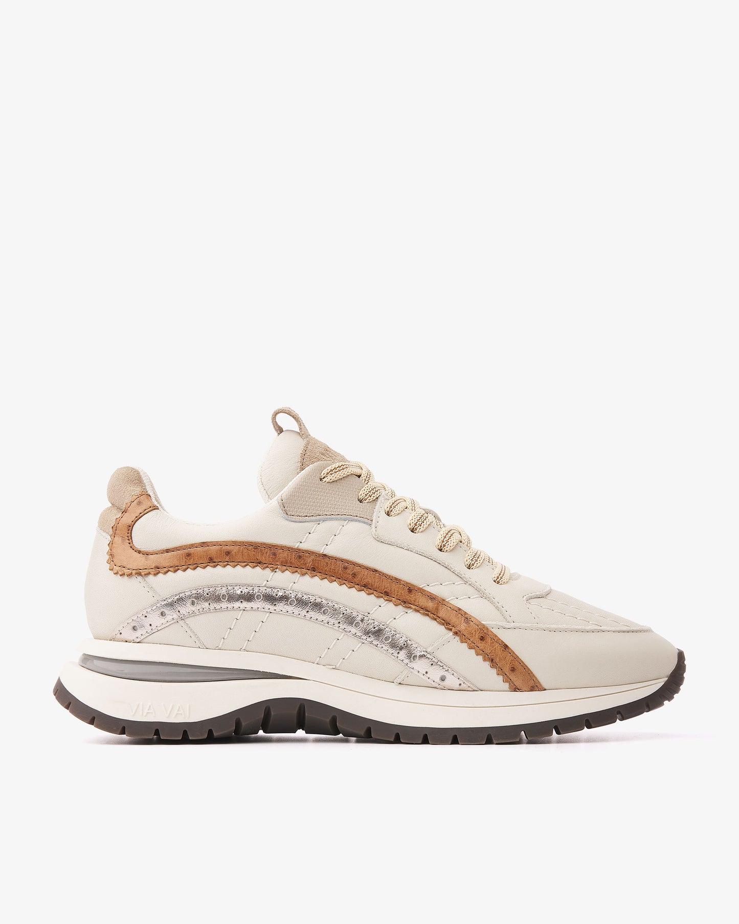 VIA VAI Usher Lott beige sneakers dames – zijaanzicht met stiksels en vetersluiting