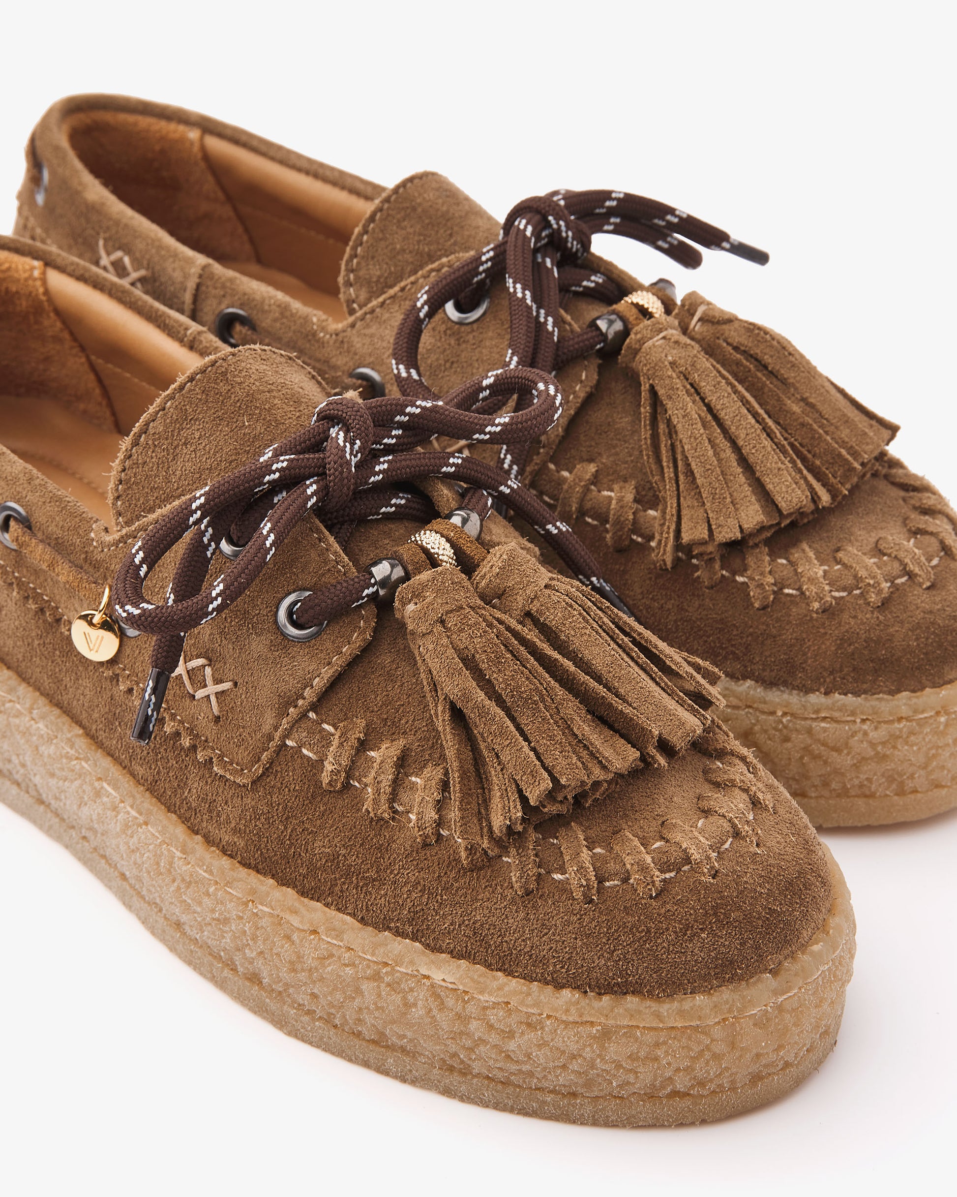 VIA VAI Rox Romee platform loafers dames – detail van stiksels in leer en suède