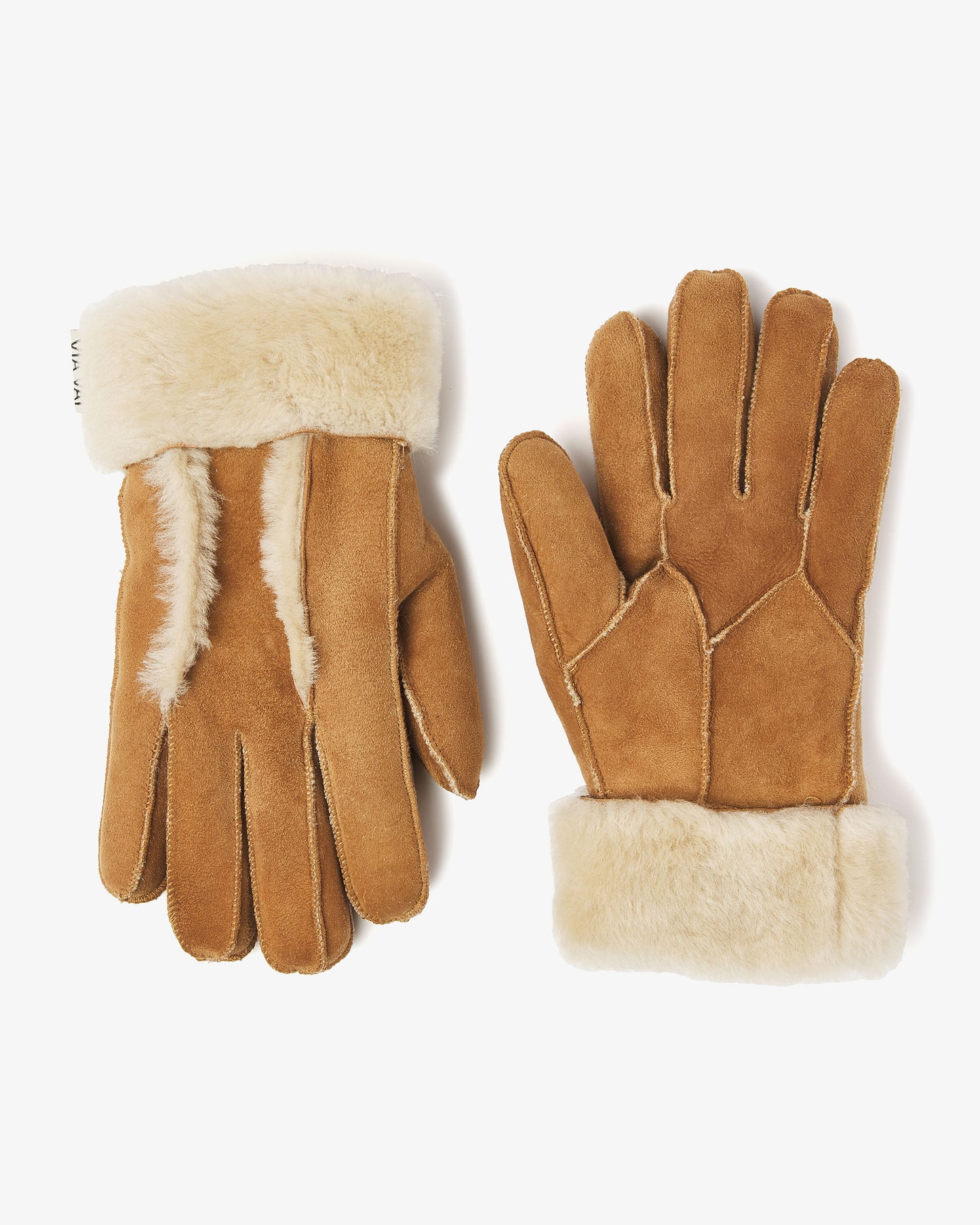 Pair of brown gloves with white fur trim on a white background
